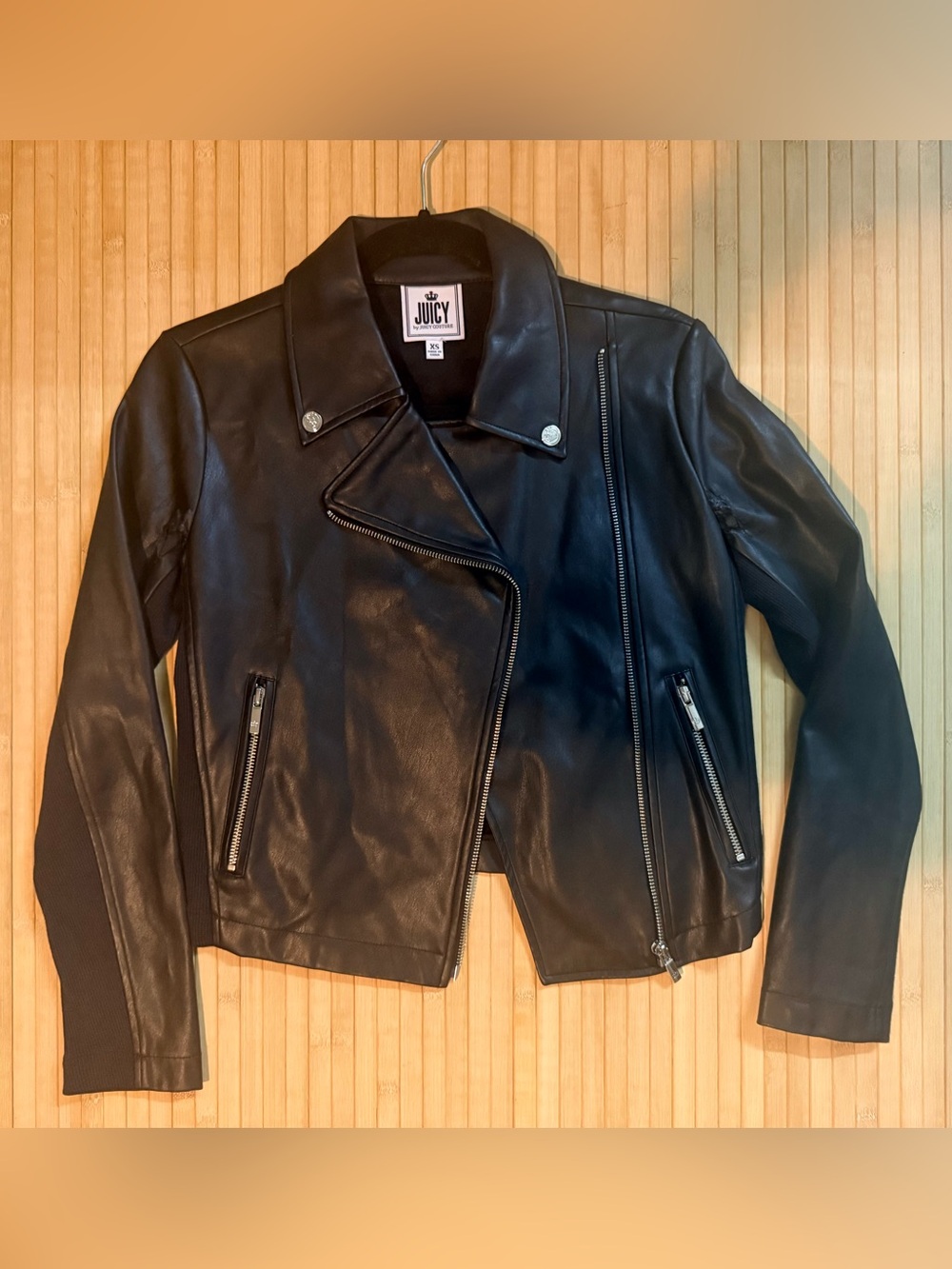 Juicy Couture Faux Leather Moto Jacket Black XS Ribbed Panels